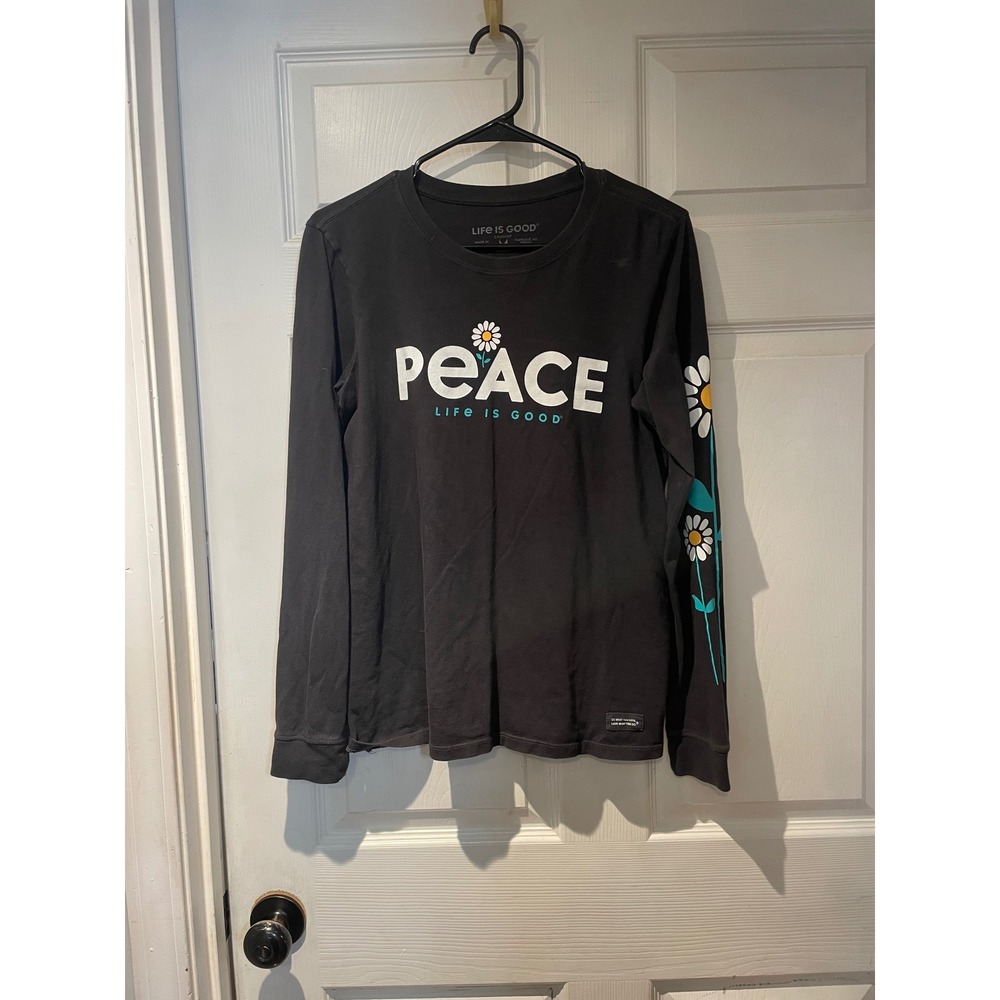 Life Is Good Womens Crusher Long Sleeve Peace Daisy Graphic T-Shirt Black Medium